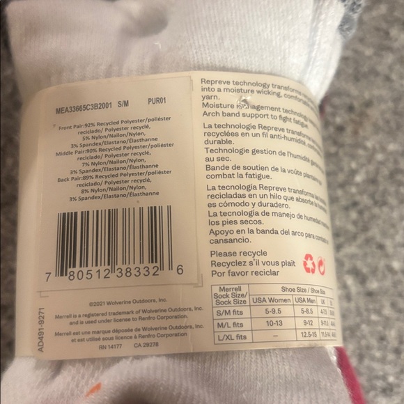 Merrell Recycled Everyday Crew Socks Unisex Adults Size S/M Pink 3 Pack Blk - Picture 3 of 3